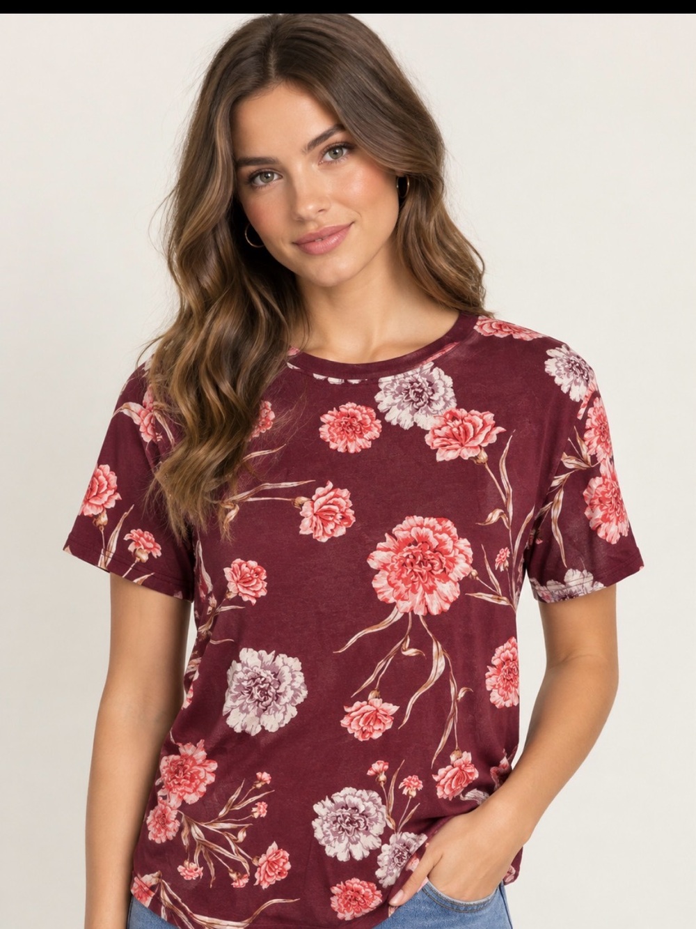 PacSun Burgundy Floral Tee with Pink & Cream Blooms 100% Cotton Size Large